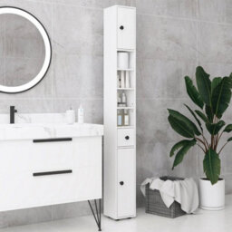 White Tall Bathroom Cabinet Slim Storage Cupboard Shelves Narrow - thumbnail 1