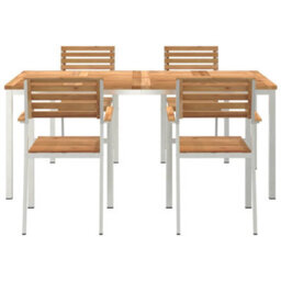 Berkfield Garden Dining Set 5 Pcs Brown Solid Teak Wood & Stainless Steel - thumbnail 7
