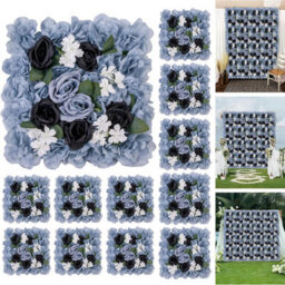 London Boutique Blue Artificial Flower Wall Panels, 12 Pack 38 X 38 Cm, 3D Silk Rose Backdrop, Wedding Party Photo Wall Decor