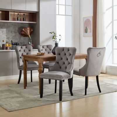Btm Set Of 4 Modern Velvet Dining Chairs Button Tufted Solid Wood Legs Knocker Ring For Dining Or Living Room Grey - image 1
