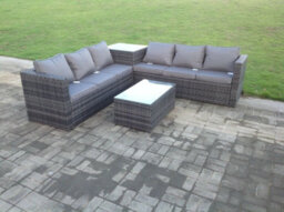 Fimous Dark Grey Mixed Corner Pe Rattan Sofa Outdoor Garden Furniture Oblong Coffee Table Set Patio With Cushions - thumbnail 1