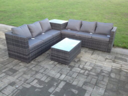 Fimous Dark Grey Mixed Corner Pe Rattan Sofa Outdoor Garden Furniture Oblong Coffee Table Set Patio With Cushions - thumbnail 3
