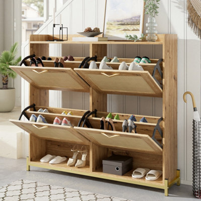 Abrihome Elegant Wooden Shoe Cabinet, 4 Rattan Doors, Metal Frame & Top Shelf - Stores 16-20 Pairs, Stylish Hallway Storage Unit - image 1