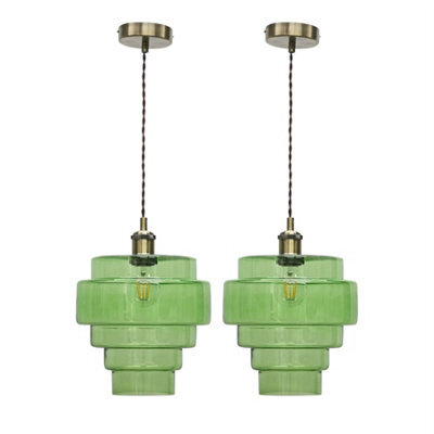 First Choice Lighting Set Of 2 Benson - 5 Tier Green & Antique Brass Ceiling Pendant Lights - image 1