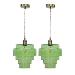 First Choice Lighting Set Of 2 Benson - 5 Tier Green & Antique Brass Ceiling Pendant Lights - thumbnail 1