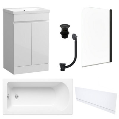 FNX Bathrooms Waterproof 500mm Vanity Unit With Single Ended Bath, Gloss White Front Panel, Matt Black Screen, Bath & Slotted Basin Waste - image 1