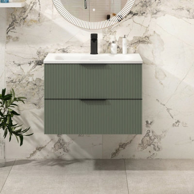Royal Bathrooms Evora 700mm Sage Green Fluted Wall Hung Bathroom Vanity Unit 2 Drawer Cabinet Storage With Stone Basin & Matt Black Handles - image 1