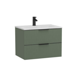 Royal Bathrooms Evora 700mm Sage Green Fluted Wall Hung Bathroom Vanity Unit 2 Drawer Cabinet Storage With Stone Basin & Matt Black Handles - thumbnail 5