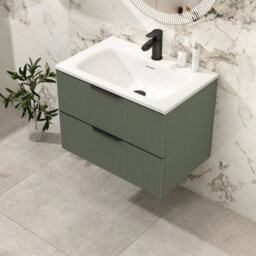 Royal Bathrooms Evora 700mm Sage Green Fluted Wall Hung Bathroom Vanity Unit 2 Drawer Cabinet Storage With Stone Basin & Matt Black Handles - thumbnail 4