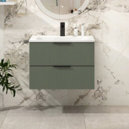 Royal Bathrooms Evora 700mm Sage Green Fluted Wall Hung Bathroom Vanity Unit 2 Drawer Cabinet Storage With Stone Basin & Matt Black Handles