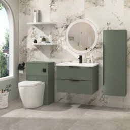 Royal Bathrooms Evora 700mm Sage Green Fluted Wall Hung Bathroom Vanity Unit 2 Drawer Cabinet Storage With Stone Basin & Matt Black Handles - thumbnail 2