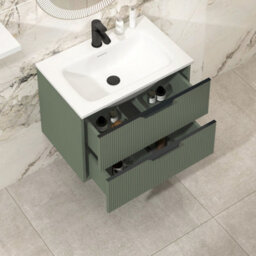 Royal Bathrooms Evora 700mm Sage Green Fluted Wall Hung Bathroom Vanity Unit 2 Drawer Cabinet Storage With Stone Basin & Matt Black Handles - thumbnail 3