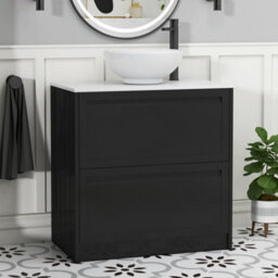 Royal Bathrooms Royal Bathroom Elmore 800mm Matt Nocturne Black Freestanding Bathroom Vanity Unit 2 Drawer Plain White Worktop With Breeze Basin - thumbnail 1
