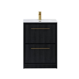 Royal Bathrooms Livora 600mm Black Woodgrain Floor Standing Vanity Unit 2 Drawer With Ceramic Basin & Brushed Brass Handle - thumbnail 5