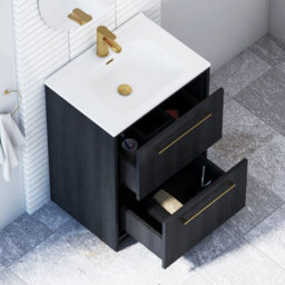 Royal Bathrooms Livora 600mm Black Woodgrain Floor Standing Vanity Unit 2 Drawer With Ceramic Basin & Brushed Brass Handle - thumbnail 4