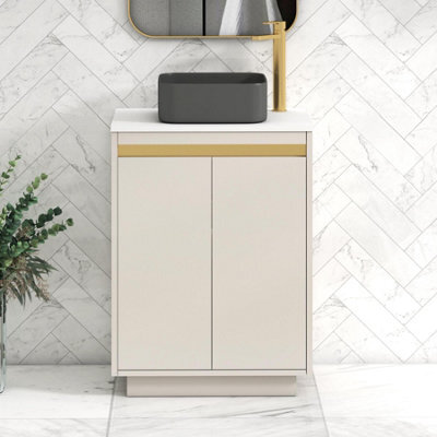 Royal Bathrooms Orion 600mm Warm Taupe Floor Standing Plain White Countertop Vanity Unit 2 Door With Art Square Basin & Brushed Brass Accent Trim - image 1