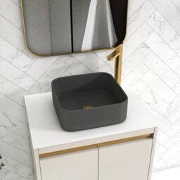 Royal Bathrooms Orion 600mm Warm Taupe Floor Standing Plain White Countertop Vanity Unit 2 Door With Art Square Basin & Brushed Brass Accent Trim - thumbnail 5