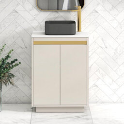 Royal Bathrooms Orion 600mm Warm Taupe Floor Standing Plain White Countertop Vanity Unit 2 Door With Art Square Basin & Brushed Brass Accent Trim - thumbnail 2