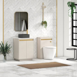 Royal Bathrooms Orion 600mm Warm Taupe Floor Standing Plain White Countertop Vanity Unit 2 Door With Art Square Basin & Brushed Brass Accent Trim - thumbnail 3