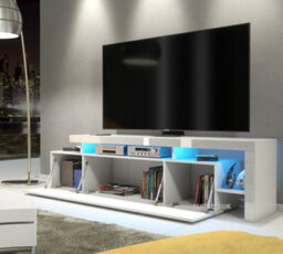 Furneo White Tv Stand 186Cm Unit Matt & High Gloss Indisio 01 Blue Led Lights - thumbnail 2