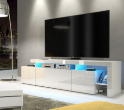 Furneo White Tv Stand 186Cm Unit Matt & High Gloss Indisio 01 Blue Led Lights - thumbnail 1