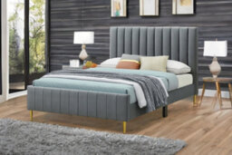 Sareer Furniture Elton Bed Bed Frame In A Box, Contemporary Grey Upholstered Bed Frame With Headboard 5Ft King