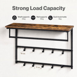 Levede Coat Rack Wall Mounted 10Kg Wooden Shelf Hooks Hanger Metal,brown - thumbnail 6