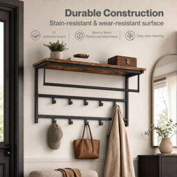 Levede Coat Rack Wall Mounted 10Kg Wooden Shelf Hooks Hanger Metal,brown - thumbnail 7