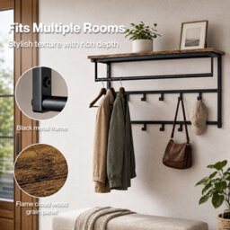 Levede Coat Rack Wall Mounted 10Kg Wooden Shelf Hooks Hanger Metal,brown - thumbnail 8