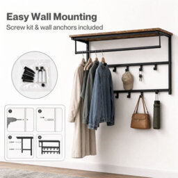 Levede Coat Rack Wall Mounted 10Kg Wooden Shelf Hooks Hanger Metal,brown - thumbnail 9