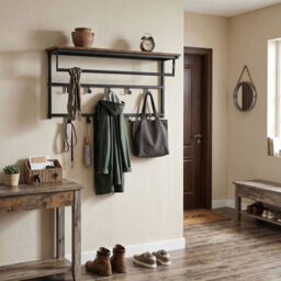 Levede Coat Rack Wall Mounted 10Kg Wooden Shelf Hooks Hanger Metal,brown - thumbnail 1