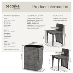 Tectake Garden Table & Chairs Hamburg - 2 Chairs, 1 Dining Table, Bistro Set - Grey - thumbnail 6