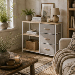Wyld Haus Pasaha White Metal And Natural Wood Storage Chest With 3 Grey Fabric Drawers And 2 Shelves - 80W X 29D X 71H Cm - thumbnail 1