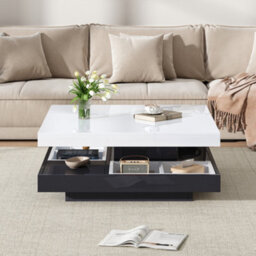 Btm 360 Rotating Coffee Table, High Gloss, Storage Compartments, Marble Effect, White - thumbnail 4