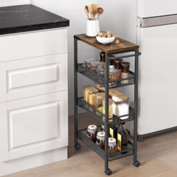 Songmics Vasagle 4-Tier Trolley, Space-Saving Kitchen Cart With Wheels, Steel Frame, Trolley For Small Spaces, Rustic Brown And Black