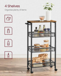 Songmics Vasagle 4-Tier Trolley, Space-Saving Kitchen Cart With Wheels, Steel Frame, Trolley For Small Spaces, Rustic Brown And Black - thumbnail 3