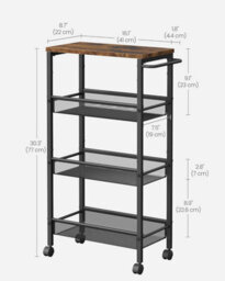 Songmics Vasagle 4-Tier Trolley, Space-Saving Kitchen Cart With Wheels, Steel Frame, Trolley For Small Spaces, Rustic Brown And Black - thumbnail 2