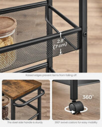 Songmics Vasagle 4-Tier Trolley, Space-Saving Kitchen Cart With Wheels, Steel Frame, Trolley For Small Spaces, Rustic Brown And Black - thumbnail 5