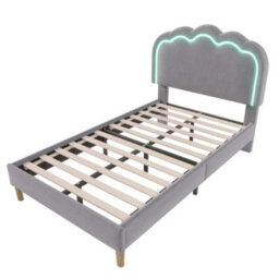 Btm Single Upholstered Bed 3Ft 90X190Cm Led Headboard Linen Bed Frame Wood Slat Grey Adjustable Teen Bed - thumbnail 8