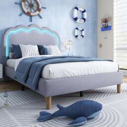 Btm Single Upholstered Bed 3Ft 90X190Cm Led Headboard Linen Bed Frame Wood Slat Grey Adjustable Teen Bed - thumbnail 5