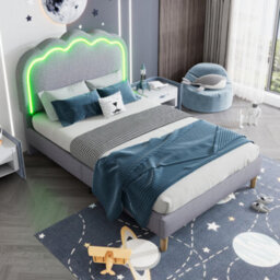 Btm Single Upholstered Bed 3Ft 90X190Cm Led Headboard Linen Bed Frame Wood Slat Grey Adjustable Teen Bed