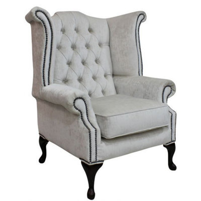 Chesterfield High Back Wing Chair Pastiche Chalk Velvet In Queen Anne Style - image 1