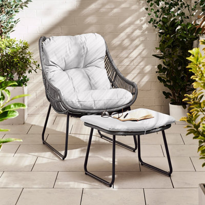 Furniturebox Tahiti Comfy Garden Lounger Chair + Footstool Grey Rattan - Wicker Outdoor Patio Deck Egg Sun Lounge Garden Chair - image 1
