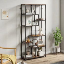 Industrial Bookcase 7-Tier Bookshelf Shelving Unit Rustic Brown Black - thumbnail 4