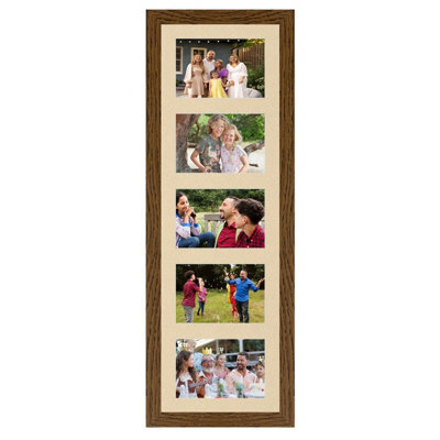 AK Frames 26X8 Dark Oak Modern Multi Photo Frame With Ivory Mount - Holds 5 Apertures (5X) 6X4 Photos - image 1