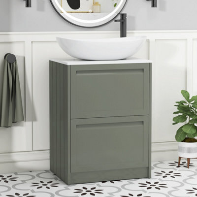 Royal Bathrooms Royal Bathroom Elmore 600mm Matt Green Freestanding Bathroom Vanity Unit 2 Drawer Plain White Worktop With Cesar Basin - image 1