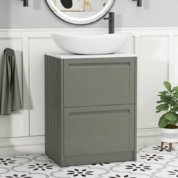 Royal Bathrooms Royal Bathroom Elmore 600mm Matt Green Freestanding Bathroom Vanity Unit 2 Drawer Plain White Worktop With Cesar Basin - thumbnail 1