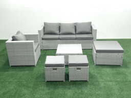 Fimous 6 Seater Rattan Garden Furniture Set 3 Seater Sofa Chair Square Coffee Table 3 Stools Light Grey - thumbnail 2