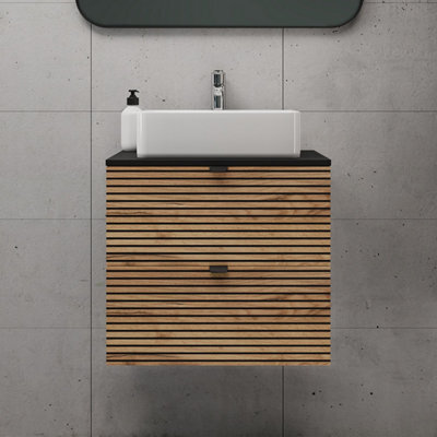 Heze Furniture Loft Modern Style Ribbed Door 60Cm Bathroom Cabinet Vanity Unit With Worktop - Gold Craft Oak - image 1
