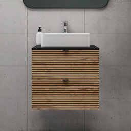 Heze Furniture Loft Modern Style Ribbed Door 60Cm Bathroom Cabinet Vanity Unit With Worktop - Gold Craft Oak